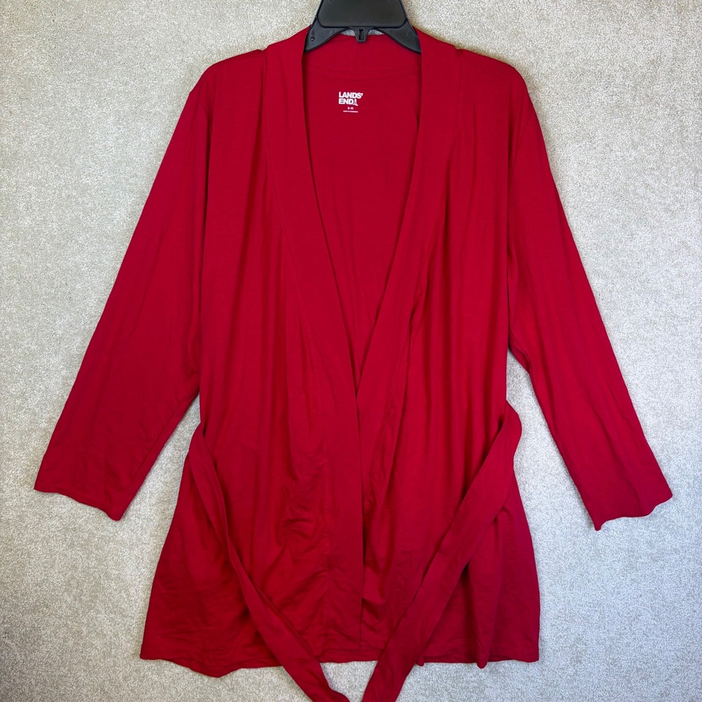 Lands' End Robe Cardigan Shirt Women S-M Red Belted Pockets 521551 NWOT